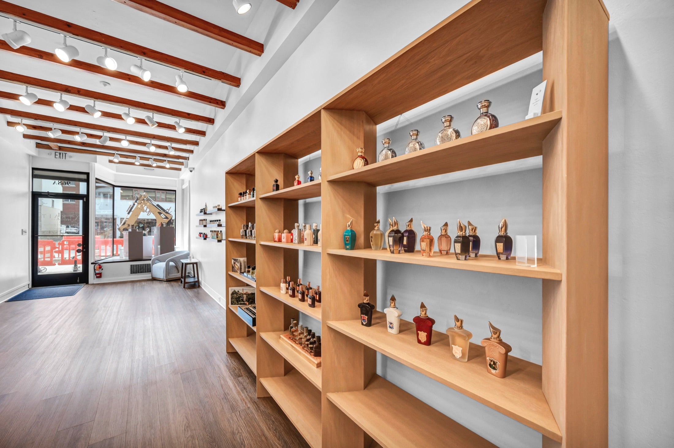 Wood fragrance shelves inside Xtrait Perfumery